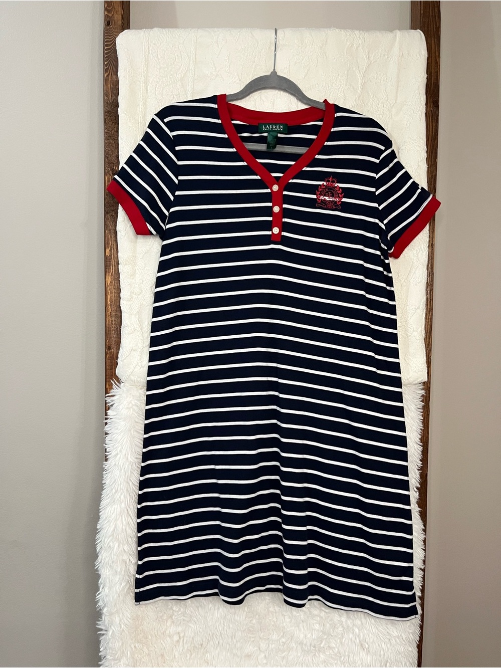 Lauren Ralph Lauren Nautical Striped Henley T-Shirt Dress - Size Large
